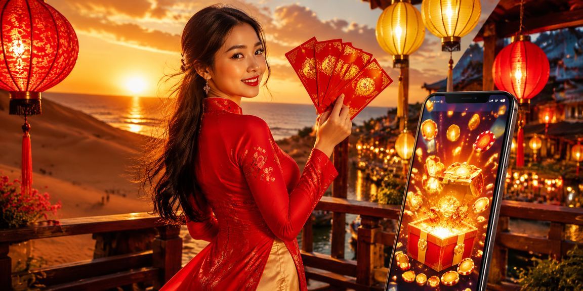 Bầu không khí lễ hội Hội An với phong bao đỏ may mắn và trò chơi thưởng