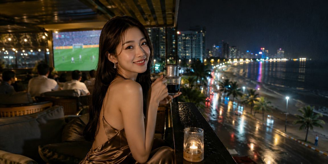 Người dùng tại Nha Trang theo dõi kèo bóng đá trực tuyến bên ly cà phê buổi tối